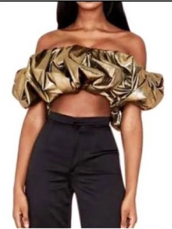 House of CB Metallic Gold Off-Shoulder Ruffle Crop Delphina Top - NWT - XS - Picture 1 of 11